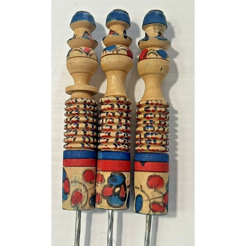French Metal Wood Skewers Meat BBQ Sweet Stick Candy Kabab Grill Tool Vintage